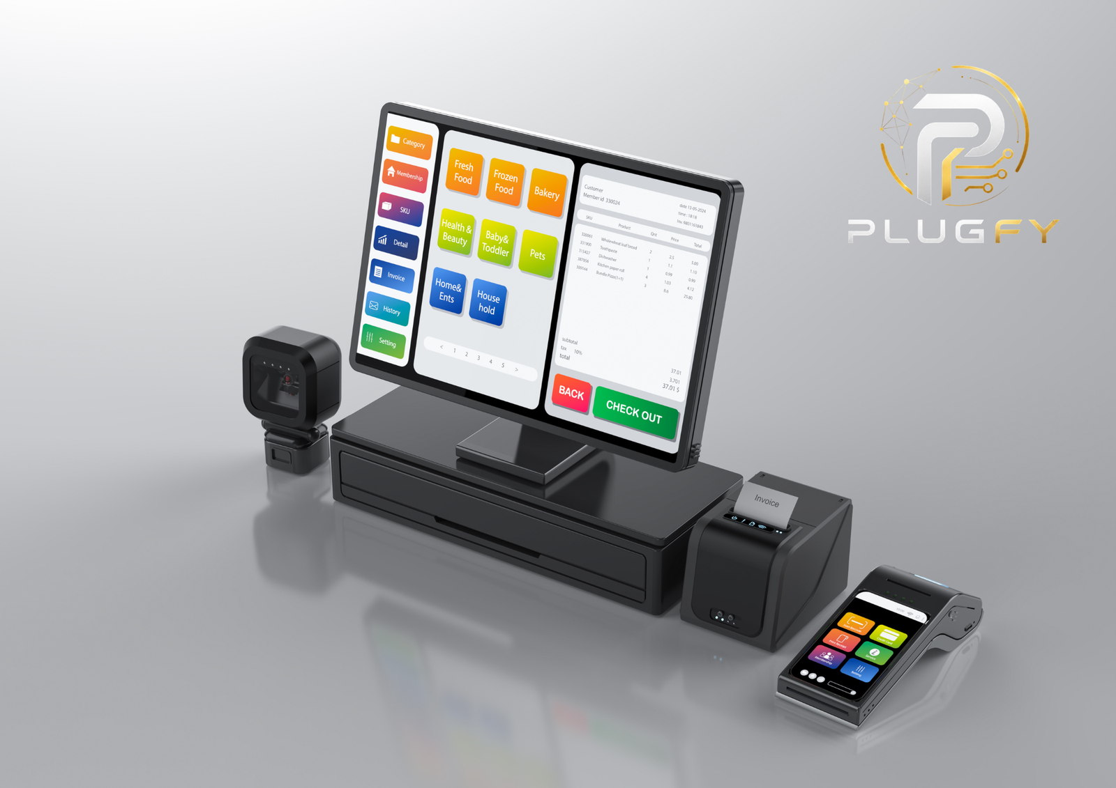 TPV Plugfy con lector de código de barras, impresora de tickets y datáfono