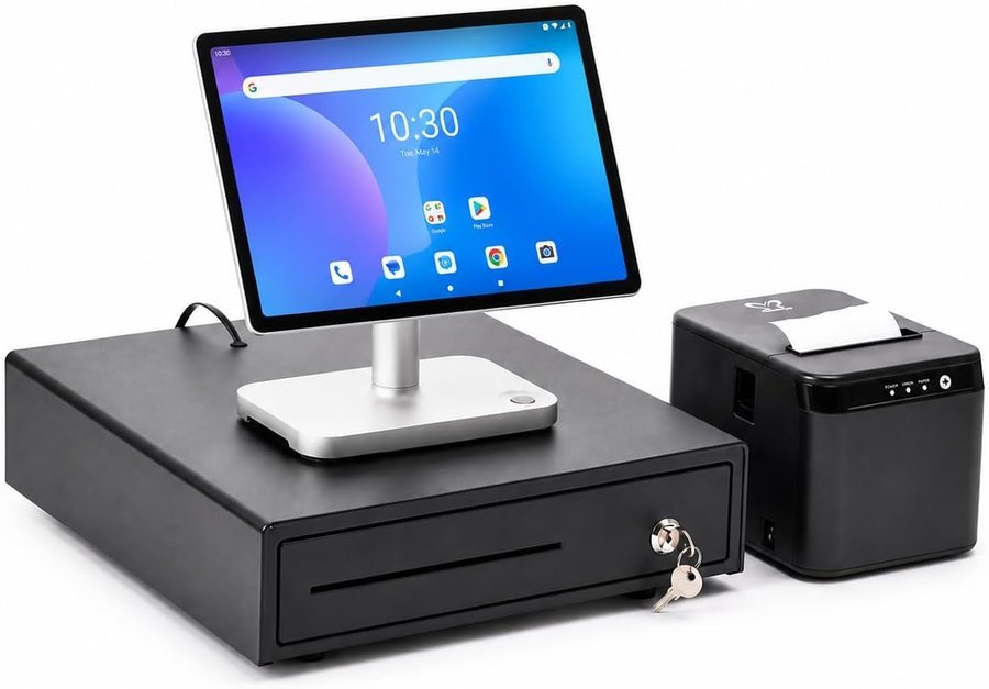 Pack TPV Lyra negro: tablet táctil, impresora de tickets y cajón portamonedas compacto