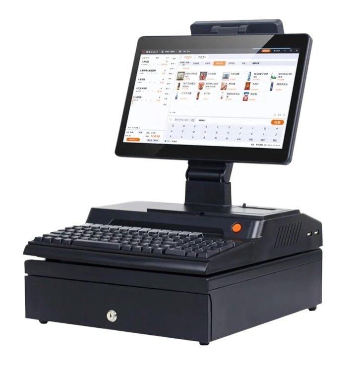 Pack TPV compacto con pantalla táctil, teclado, impresora térmica y cajón portamonedas